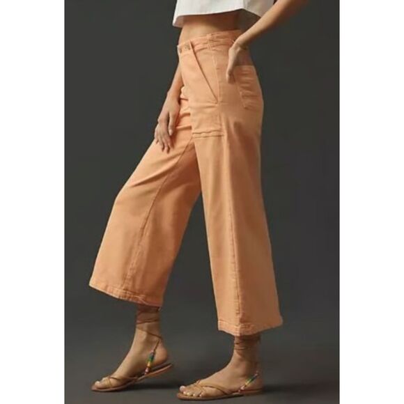 PILCRO ANTHROPOLOGIE The Kit Cropped High-Rise Wide-Leg Jeans Sz 31 Peach Orange - Picture 2 of 16